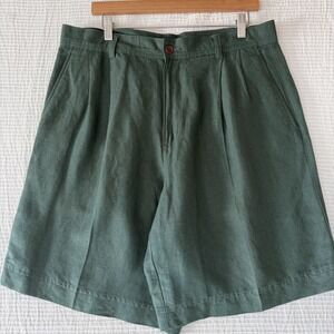 Vintage Clairborne Shorts Mens 36 Green Pleated Chino 8" Inseam Linen Rayon